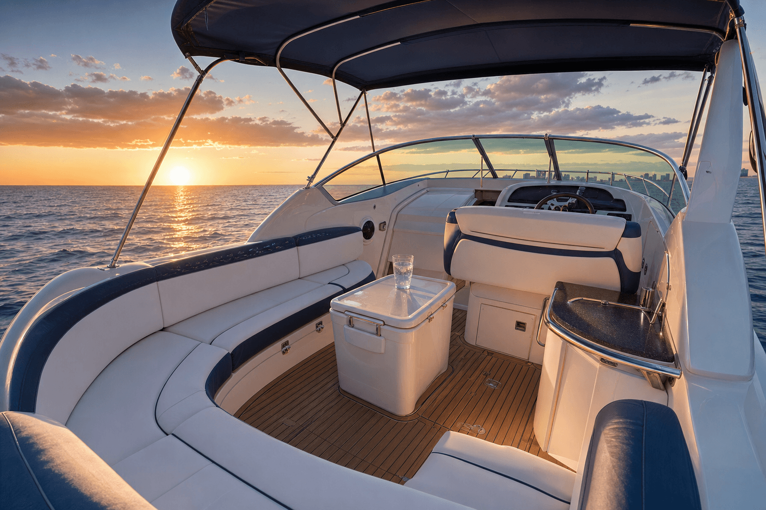 On deck of an Oceana 360 yacht at sunset